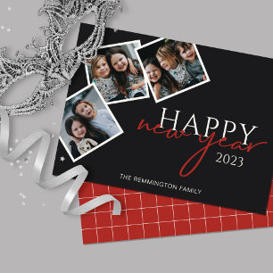Three Photo Snapshots New Year Black Holiday Card