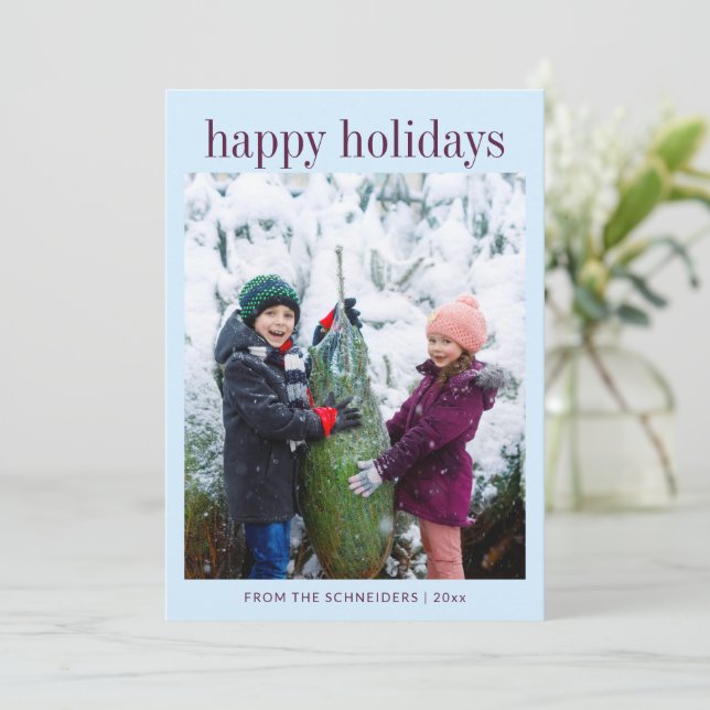 Three Photo Vertical Light Blue Typography Happy  Holiday Card (Standing Front)