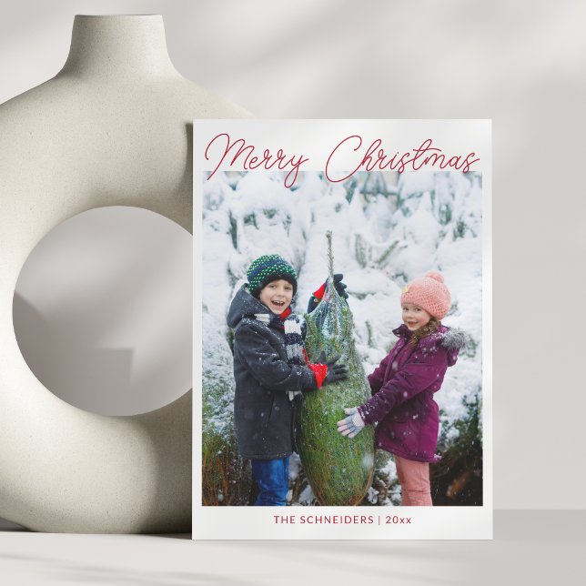 Three Photo Vertical Red Script Merry Christmas Holiday Card (Creator Uploaded)