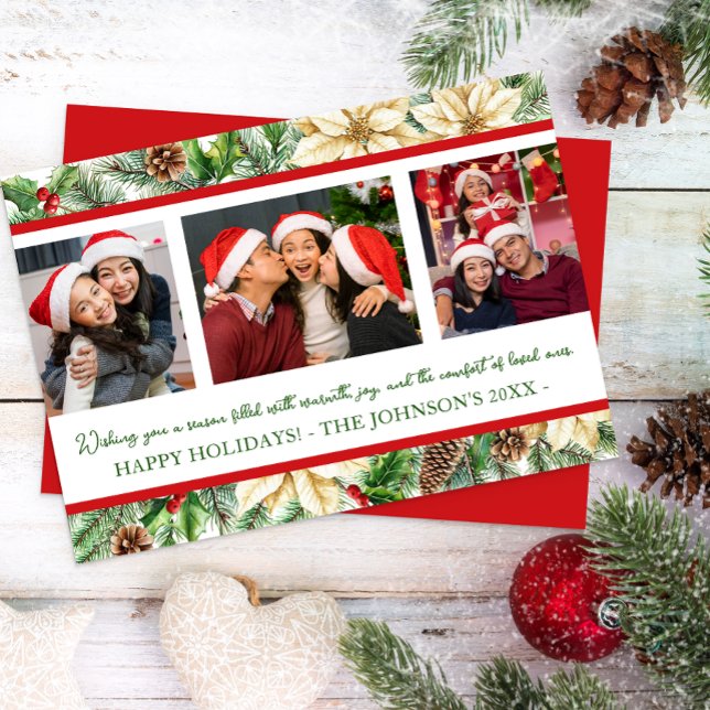 Three Photo Watercolor Botanical Christmas Card (Three Photo Holiday card)