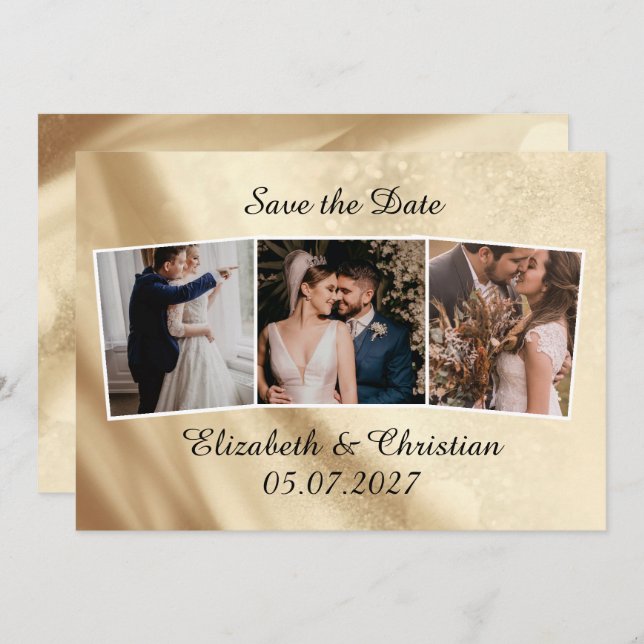 Three Photos Gold Foil Elegant Save The Date Invitation (Front/Back)