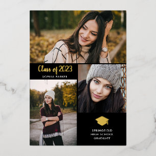 Three Photos Gold Foil Graduation Announcement