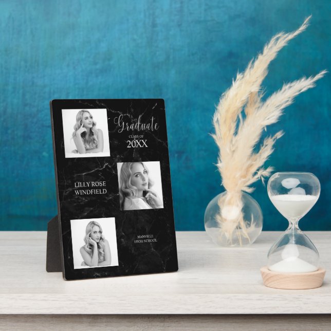 Three Photos Graduate Announement Black Marble Plaque (Side)