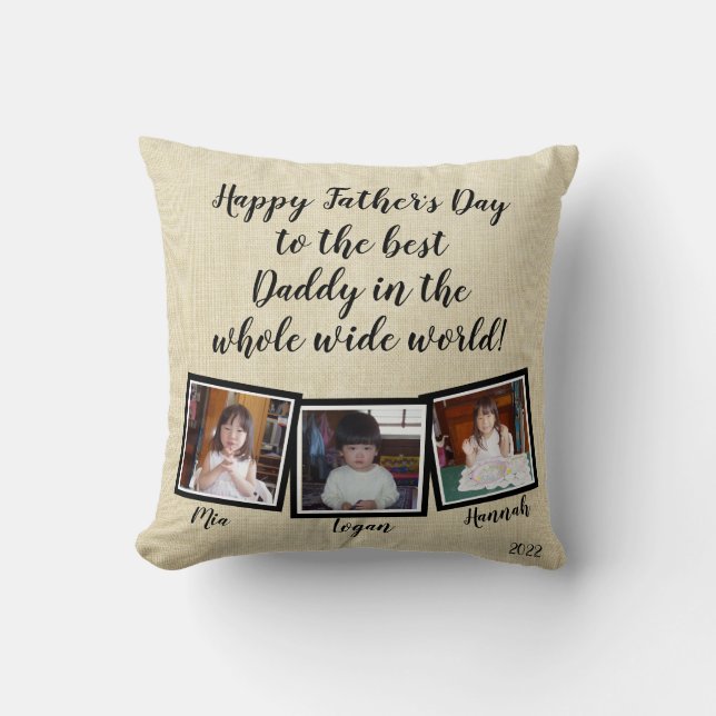 Three Photos Happy Father's Day Linen Look Cushion (Front)