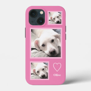 Three Photos of Cute White Puppy Add Name Pink iPhone 13 Mini Case