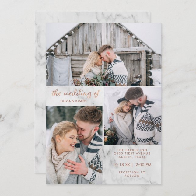 Three Photos on Marble and Rose Gold | Wedding Invitation (Front/Back)