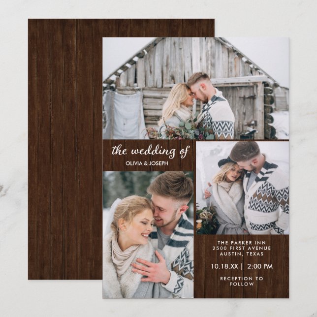 Three Photos on Rustic Wood Look | Wedding Invitation (Front/Back)