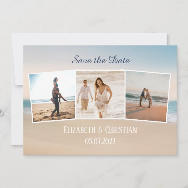 Three Photos On The Beach Elegant Save The Date Invitation (Front)