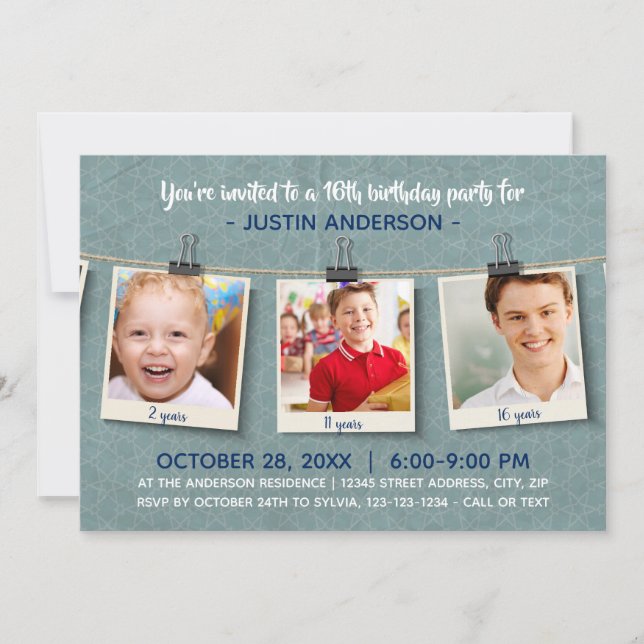 Three Photos on Twine - Birthday Party Invitation (Front)