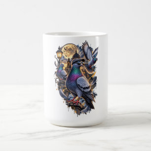 Three Pigeon Vintage Graphic, Retro Pigeon Moon Coffee Mug