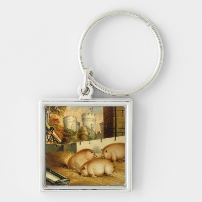 Three Pigs with Castle in the Background Key Ring (Front)
