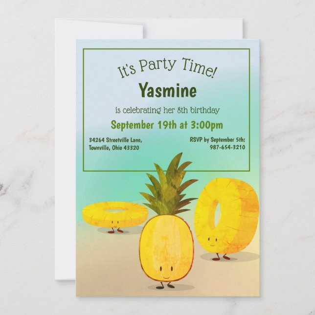 Three Pineapple Character Kids Birthday Invitation (Front)