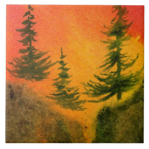 Three pines at sunrise / sunset with fiery colours tile