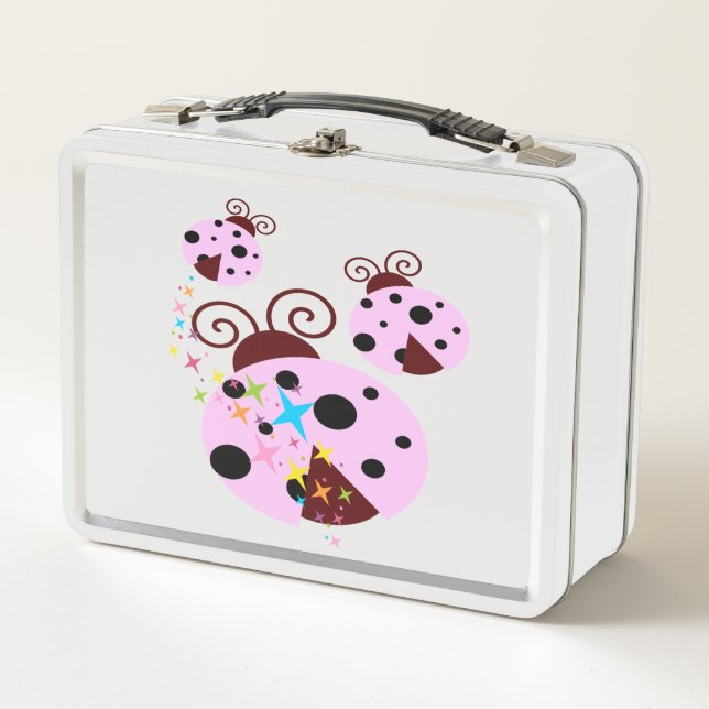 Three pink and black ladybug with stars metal lunch box (Front)