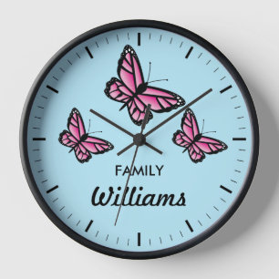 Three Pink Butterflies With Family Name Wall Clock