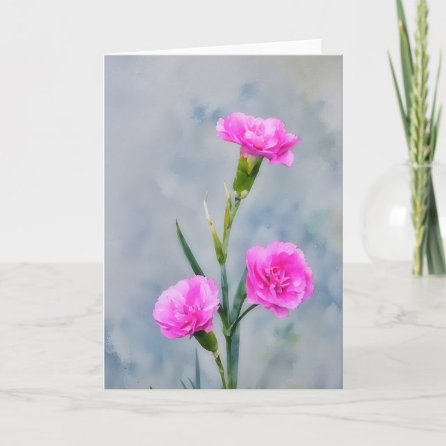 Three Pink Carnation Flowers Art Note Card (Front)