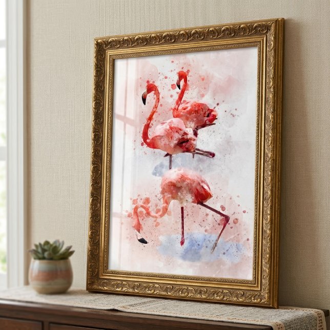 Three Pink Flamingos  in Watercolor Art Print (Three Pink Flamingos in Watercolor Art Print. Photo Print)