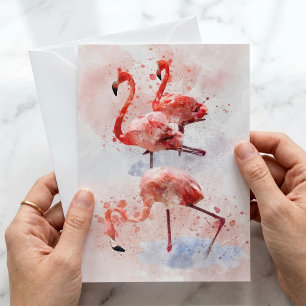 Three Pink Flamingos  in Watercolor Art Print Card