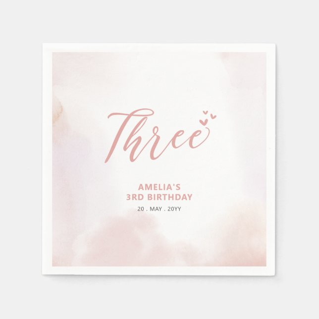 Three | Pink Hearts & Watercolor Girl 3rd Birthday Napkin (Front)