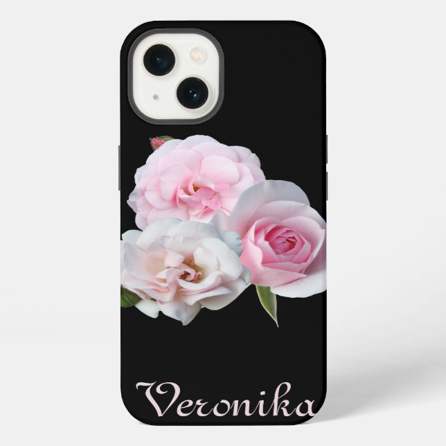 Three pink roses. Add text. iPhone Case (Back)