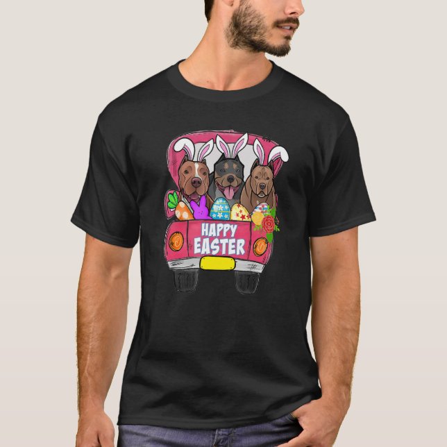 Three Pitbull In Truck Bunny Egg Hunting Pitties E T-Shirt (Front)