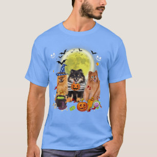 Three Pomeranian Dogs Witch Scary Mummy Halloween T-Shirt