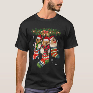 Three Pomeranian In Sock Christmas Santa Hat X-Mas T-Shirt