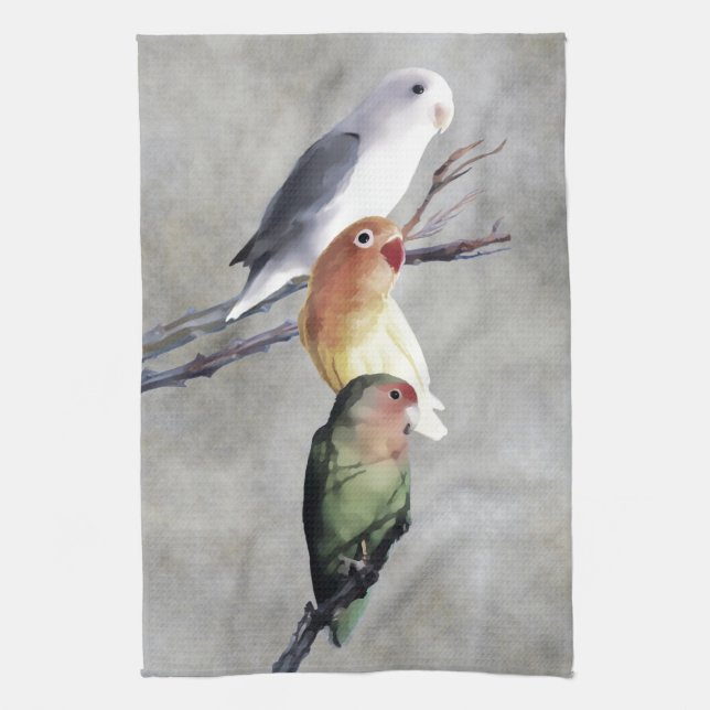 Three Pretty Lovebirds Tea Towel (Vertical)