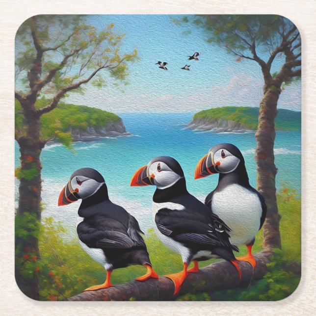 Three Puffin Birds Oil Paint,  Square Paper Coaster (Front)