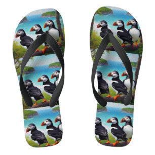Three Puffin Birds Oil Paint, Thongs