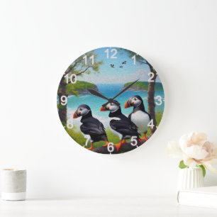Three Puffin Birds Oil Paint, Wall Clock