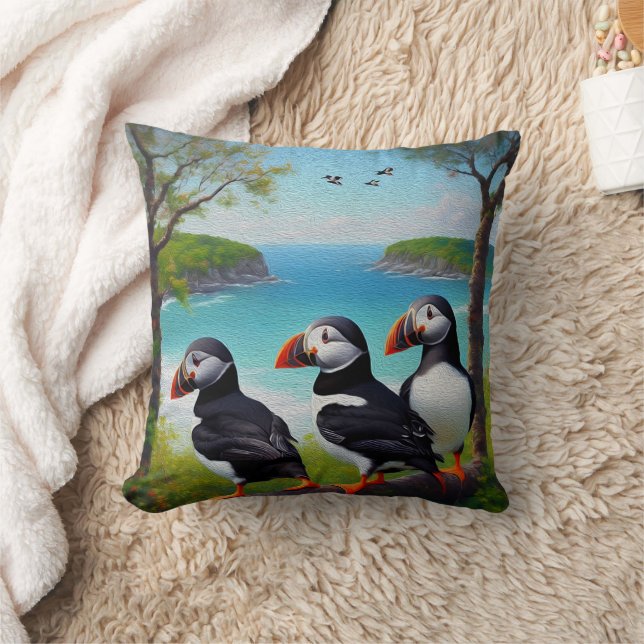 Three Puffins Oil Paint,  Cushion (Blanket)