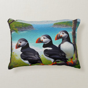 Three Puffins Oil Paint,  Decorative Cushion