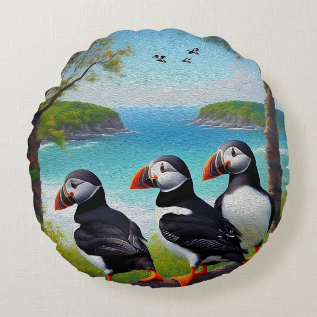 Three Puffins Oil Paint,  Round Cushion (Front)