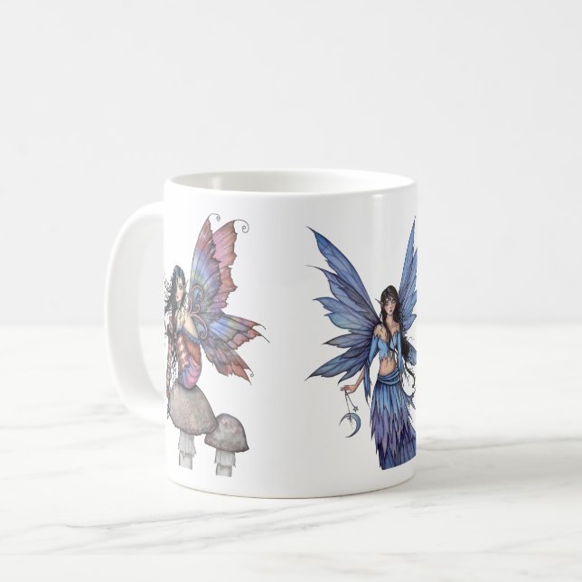 Three Purple and Blue Fairies by Molly Harrison Coffee Mug (Front Left)