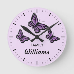 Three Purple Butterflies With Family Name Round Clock
