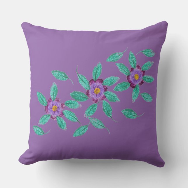 Three Purple Flowers Green Leaves Throw Pillows (Front)