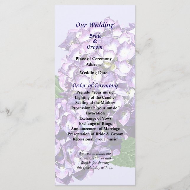 Three Purple Hydrangea Clusters Wedding Program Programme (Front)