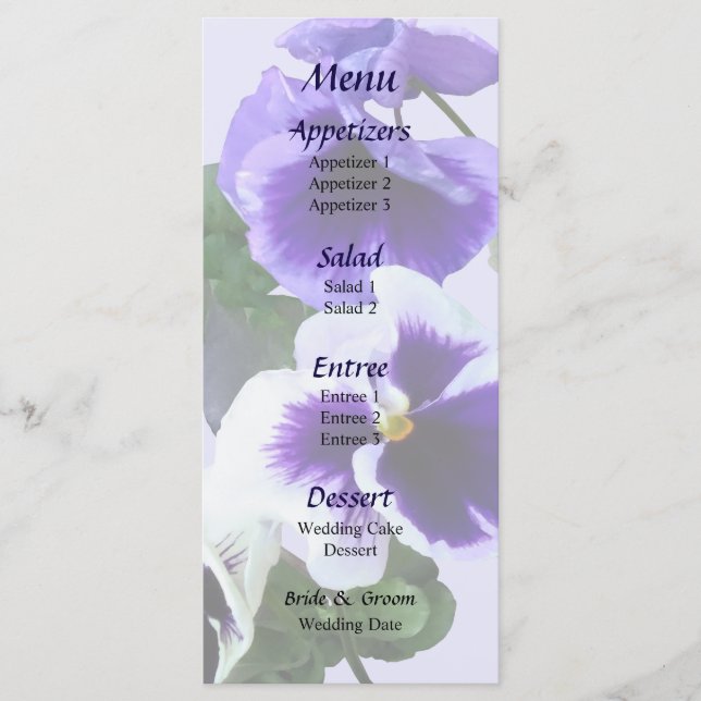 Three Purple Pansies in a Row Wedding Menu (Front)