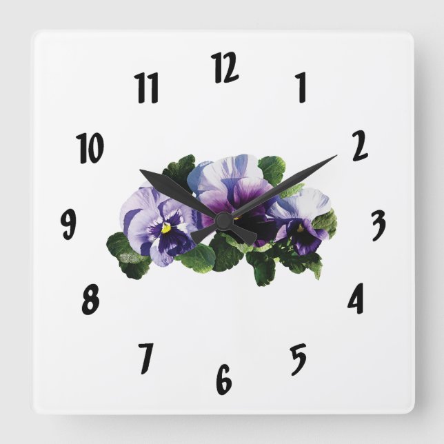 Three Purple Pansies Square Wall Clock (Front)