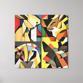 Three Rabbits And A Lion Geometric Abstract Art Canvas Print