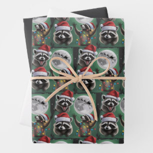 Three Raccoons With The Moon Galaxy Christmas  Wrapping Paper Sheet
