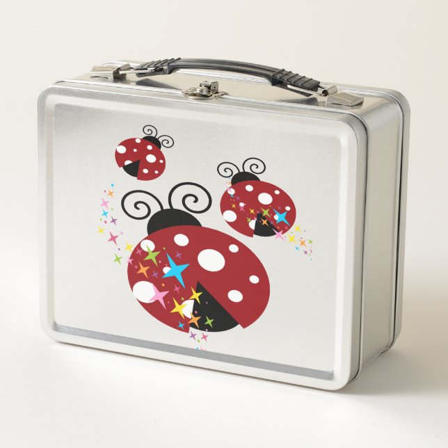 Three red and black ladybug with stars metal lunch box (Front)