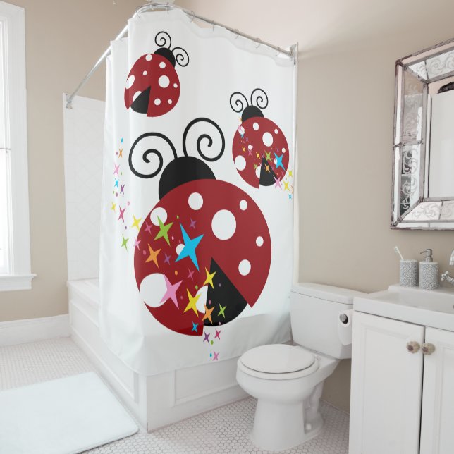 Three red and black ladybug with stars shower curtain (In Situ)