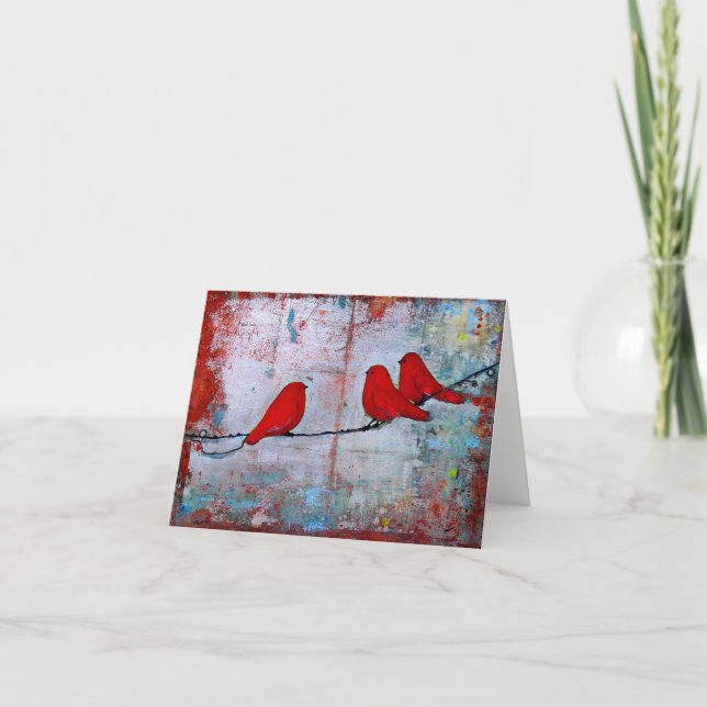 Three Red Birds on a Wire Notecard (Front)