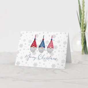 Three Red Blue Gnomes Merry Christmas Snowflakes Card