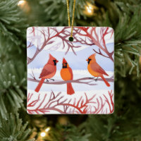Three Red Cardinals in Snowy Branches