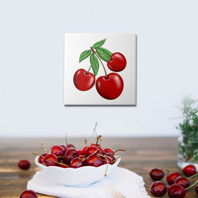 Three Red Cherries Fruit Tile (Cherries Ceramic Tiles, use for kitchen backsplash, walls or order with optional frame for decor.)