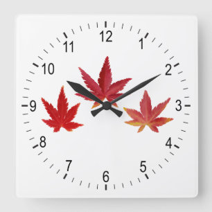 Three red falling leaves square wall clock