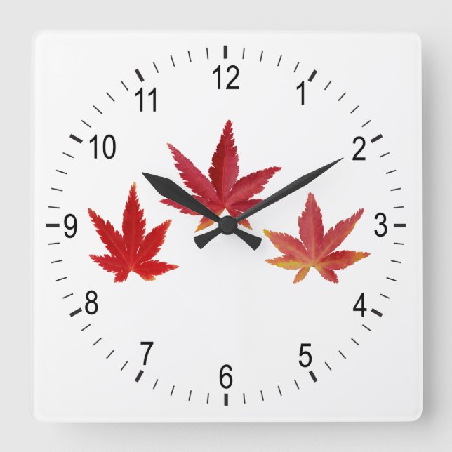 Three red falling leaves square wall clock (Front)